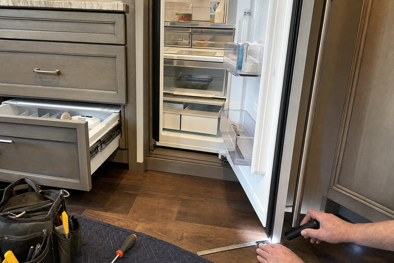 Built-in refrigerator column standing open with stocked shelves, a tool bag and screwdriver on the floor
