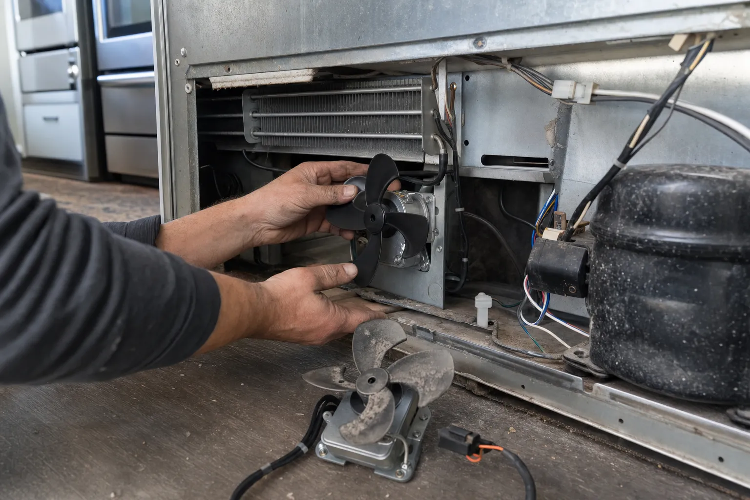 New condenser fan motor held at a refrigerator's open lower compartment, the old dusty fan on the floor