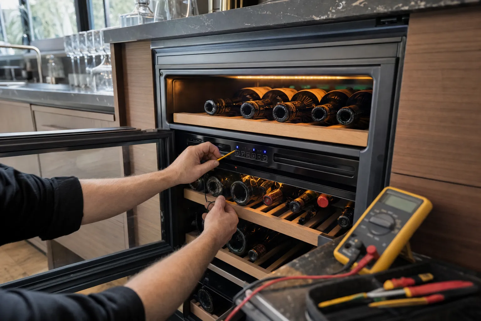 Hands at the control strip of a wine cabinet with its glass door removed, multimeter and tools on the counter